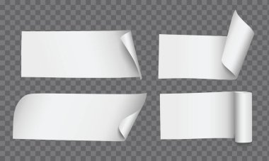 Şeffaf arkaplanda izole edilmiş kıvrık köşeli ve yuvarlak kenarlı vektör gerçekçi dikdörtgen kağıt notlar