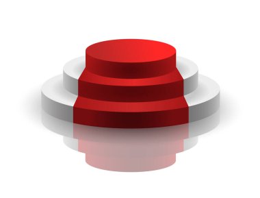 Beyaz arkaplanda kırmızı halı ve yansıması olan boş kürsü