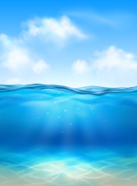 Işık demetleri ve kabarcıkları olan gerçekçi su altı çizimleri