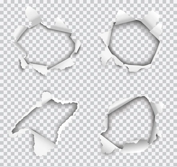 Set Vector Realistic Holes Torn White Paper Isolated Transparent Background — Stock Vector