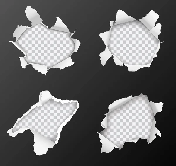 Şeffaf arkaplanda izole edilmiş siyah kağıttaki vektör gerçekçi delikler kümesi