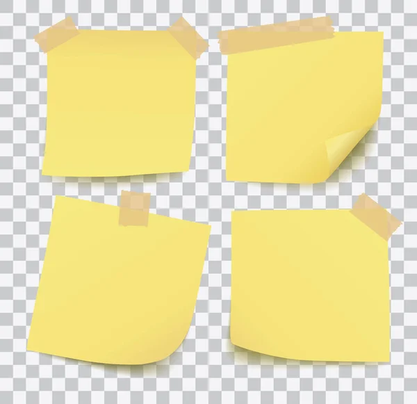 Set Four Realistic Blank Vector Yellow Post Notes Isolated White — Stock Vector