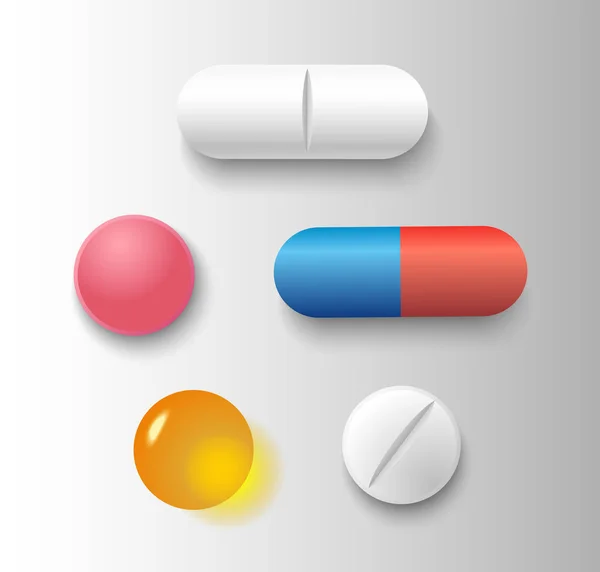 Vektorkészlet Különböző Realisztikus Tabletták Kapszulák Izolált Szürke Alapon — Stock Vector