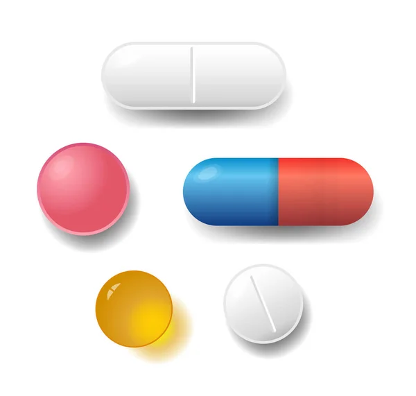 白色背景下分离的一组病媒药丸 药片和胶囊 — 图库矢量图片