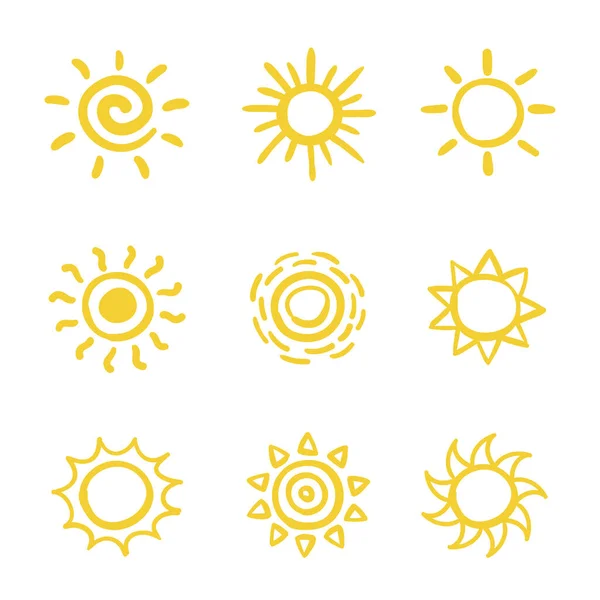 Set Hand Drawn Vector Sketchy Sun Icons Isolated White Background — Stock Vector