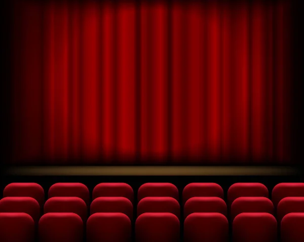 Vector Realistic Theatre Scene Red Curtains Empty Seats — Stock Vector
