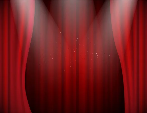 Διάνυσμα Φωτίζεται Κόκκινο Βελούδο Ανοικτές Κουρτίνες Στο Θέατρο Αίθουσα Συναυλιών — Διανυσματικό Αρχείο