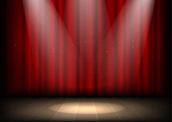 Leere Beleuchtete Theaterbühne Mit Roten Vorhängen Und Scheinwerfern — Stockvektor