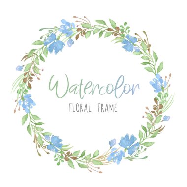 Yeşil yapraklı ve mavi çiçekli vektör romantik yuvarlak çerçeve beyaz arka planda izole edilmiş suluboya tarzında