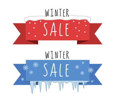 Beyaz zemin üzerinde izole edilmiş iki düz vektör kış satış etiketi kümesi
