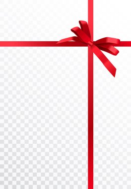 Parlak kırmızı kurdeleli ve şeffaf arkaplanda izole edilmiş vektör gerçekçi hediye paketleme tasarımı