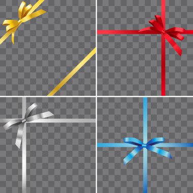 Şeffaf arkaplanda parlak altın, gümüş, kırmızı ve mavi kurdeleli gerçekçi vektör paketleme tasarımları