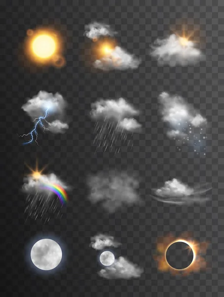 Коллекция Красивых Векторных Реалистичных Погодных Символов Икон Метеорология Прогноз — стоковый вектор