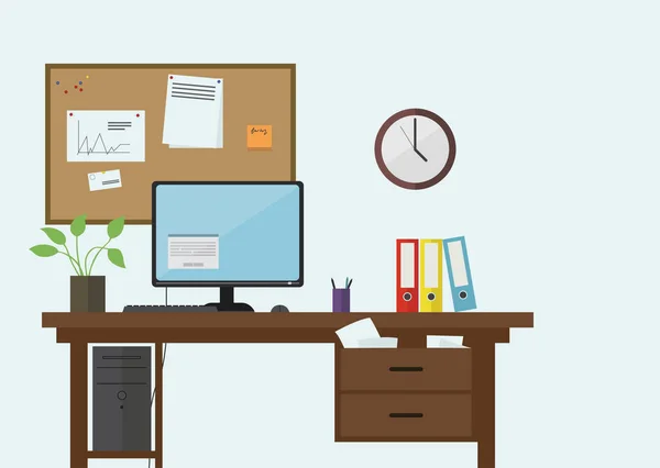 Flat Design Workplace Desk Computer Office Equipment Vector Illustration — Stock Vector