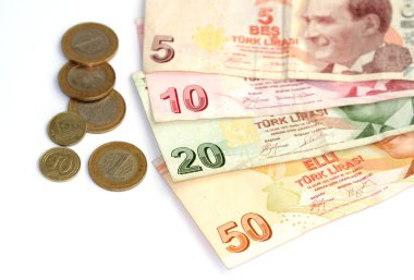 Turkish lira banknotes and coins clipart