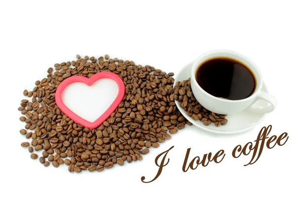 Kaffee, Kaffeebohnen, Herz und "Ich liebe Kaffee" -Text — Stockfoto