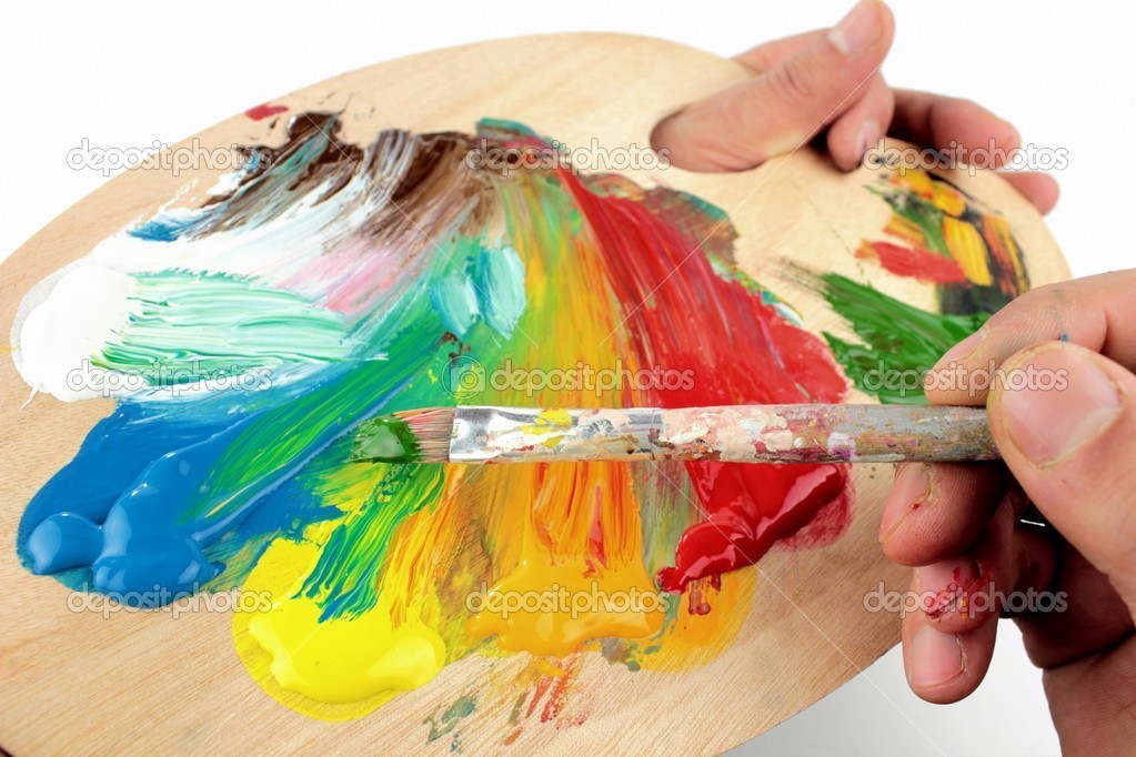 Artist palette , colors and paintbrushes