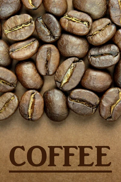 Grãos de café e texto de café — Fotografia de Stock