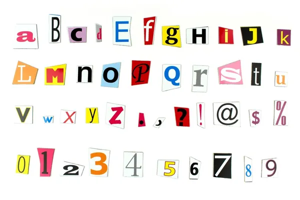 Gazety litery, cyfry i znaki interpunkcyjne — Zdjęcie stockowe