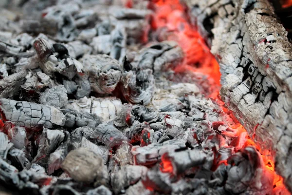 Warm glowing embers with gray ash and coals — Stock Photo, Image