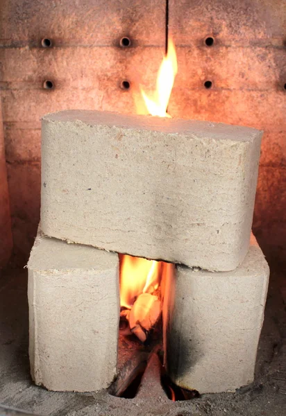 Wood briquettes burning in stove — Stock Photo, Image