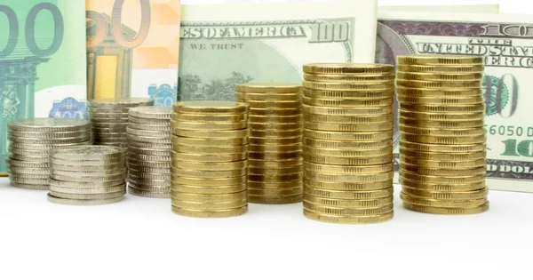 Coins, euro and dollar banknotes — Stock Photo, Image