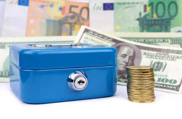 Blue cash box, coins and banknotes background — Stock Photo, Image