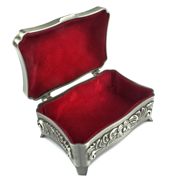 Caixa de metal de prata com veludo vermelho lado interno — Fotografia de Stock