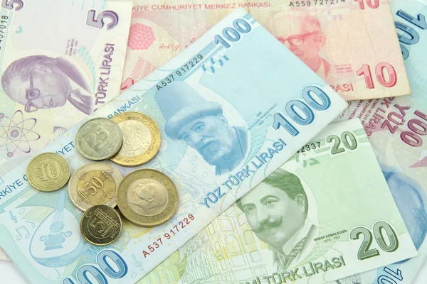 Turkish banknotes and coins — Stock Photo, Image