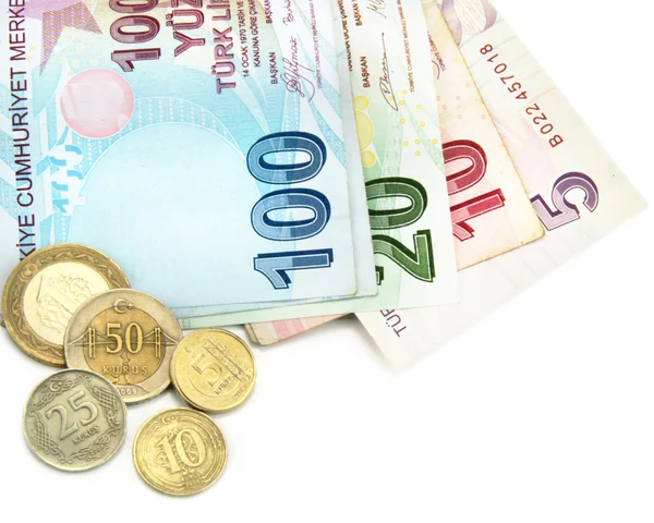 Notas e moedas turcas — Fotografia de Stock