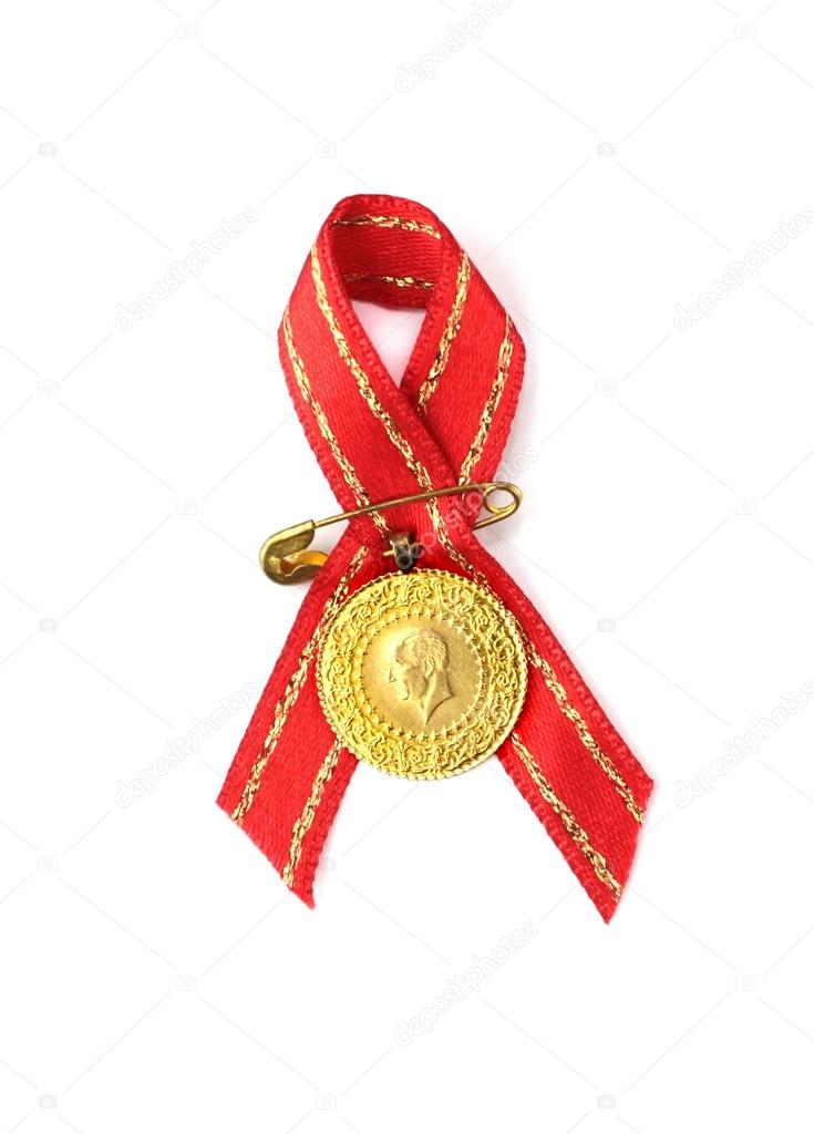 Turkish traditional coins with red ribbon. Quarter and half gold,