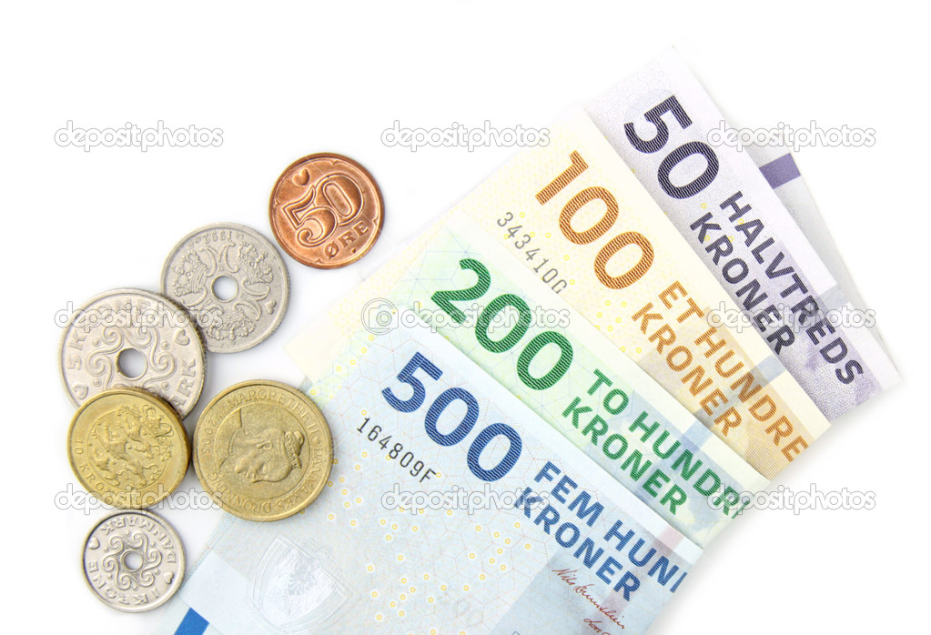 Danish kroner coins and folded banknotes