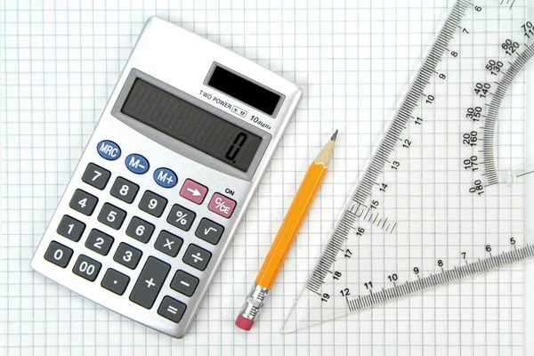 Calculator, lead pencil and ruler — Stock Photo, Image