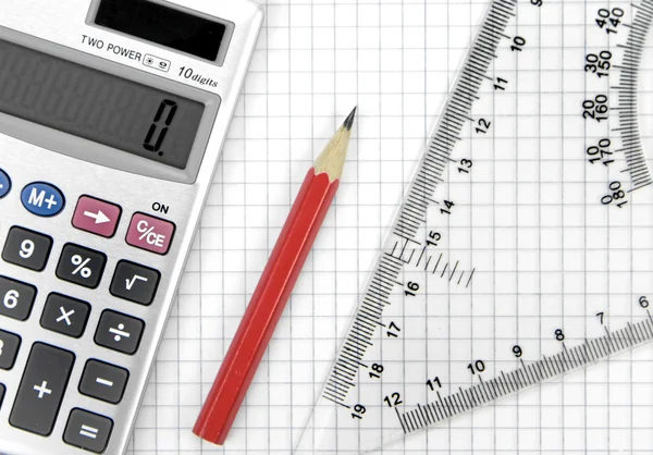 Calculator, lead pencil and ruler — Stock Photo, Image