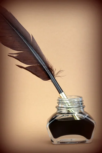 Перо в стеклянной чернильной бутылке — стоковое фото