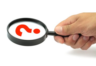 Magnifying glass with red question mark clipart