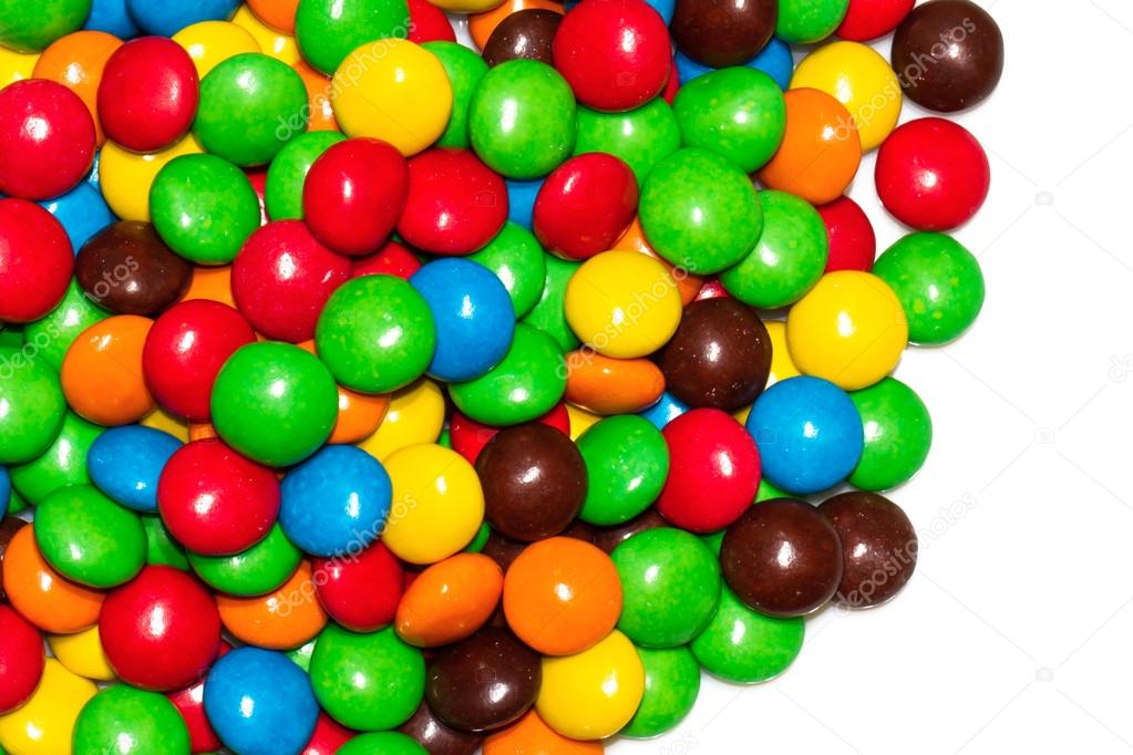 Close up of a pile of colorful chocolate coated candy