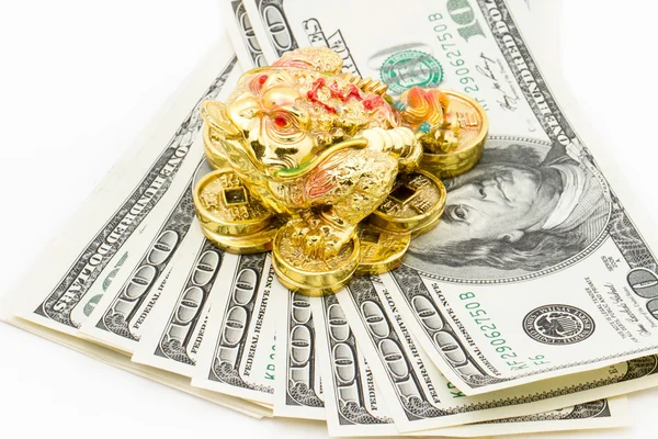 100 dollars on white background with money frog — Stock Photo, Image