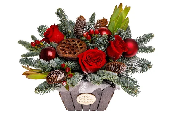 Beautiful Winter Christmas Floral Composition Fresh Nobilis Hat Box Cotton — Stock Photo, Image