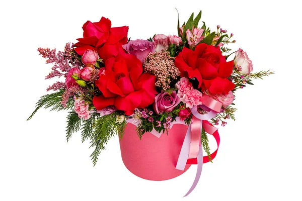 Gift Box Beautiful Flowers White Background — Stock Photo, Image