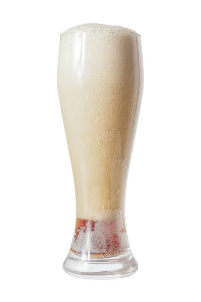 misted tall glass goblet with cold foaming beer isolated on white background