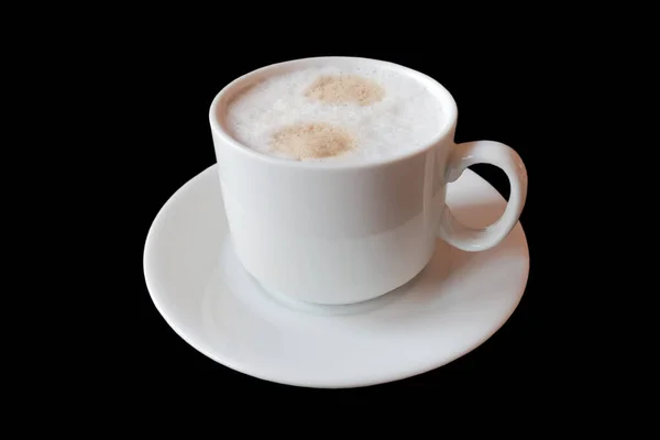 Freshly Brewed Cappuccino Coffee White Cup Milk Froth Isolated Black — Zdjęcie stockowe