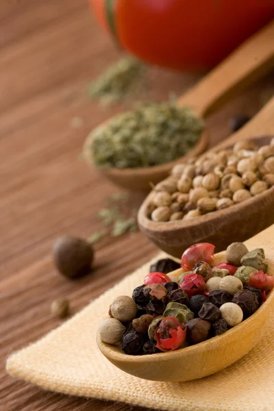 Food ingredient and spices on wood — Stock Photo, Image