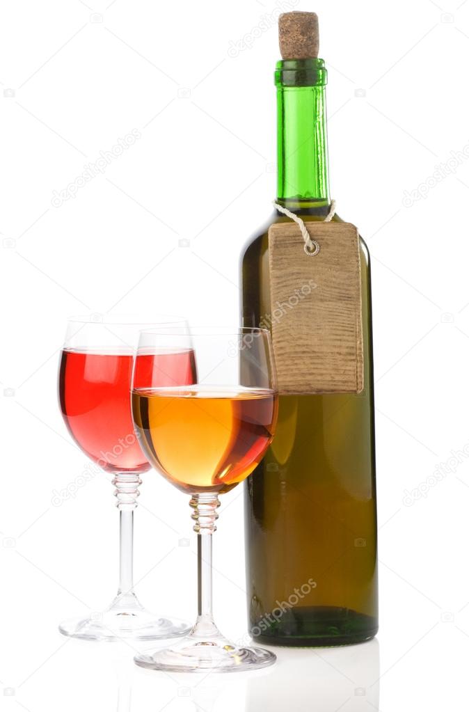 wine in glass and bottle on white