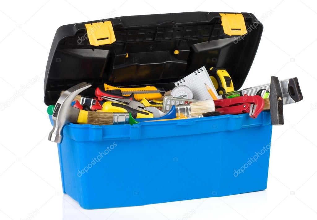 tools in construction toolbox isolated on white
