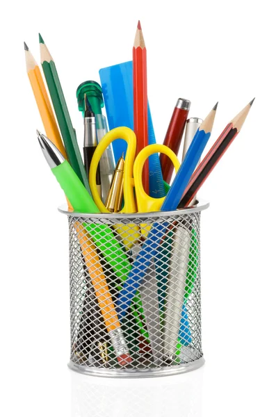 Holder basket and office supplies isolated on white — Stock Photo, Image