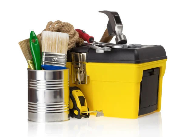 Conjunto de ferramentas em caixa de ferramentas a branco — Fotografia de Stock
