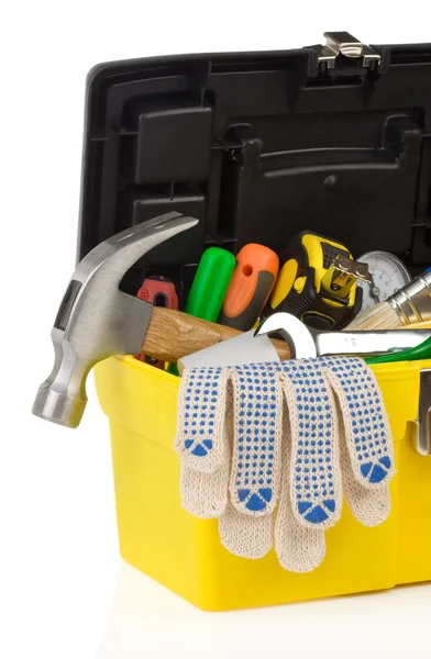 Kit of tools and box on white — Stock Photo, Image