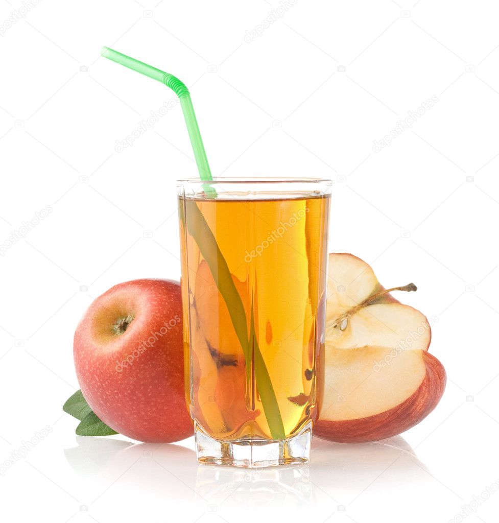 apple juice in glass on white