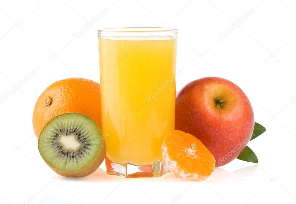 ripe fruits and juice in glass